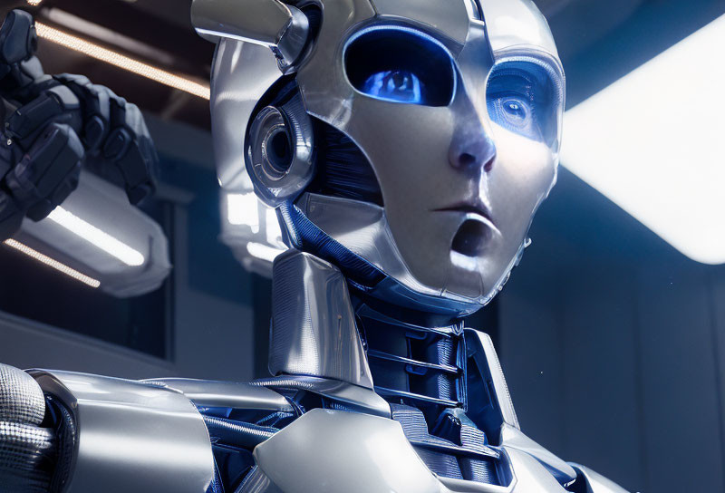 Silver-faced humanoid robot with blue eyes and mechanical details in futuristic setting