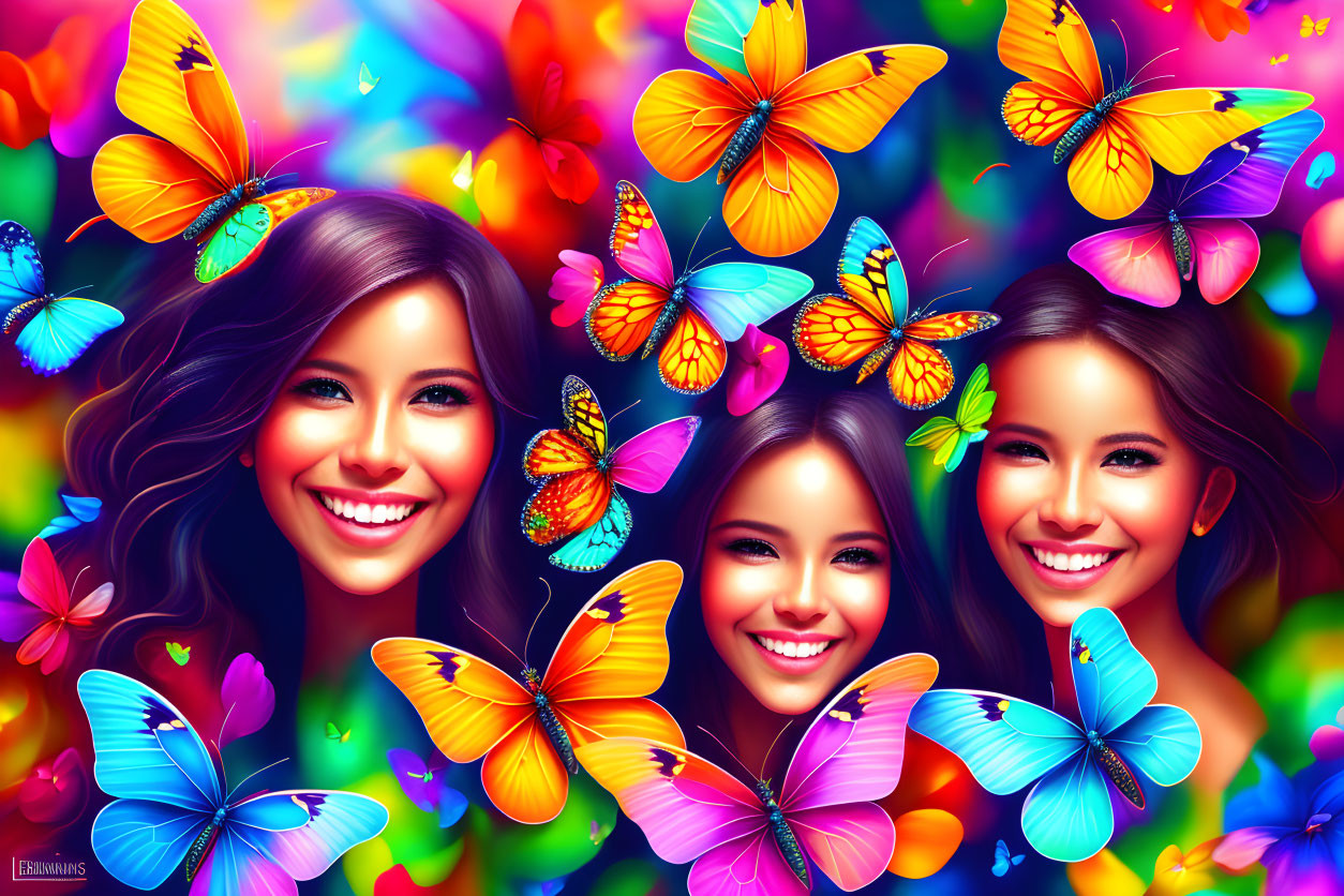 Colorful Digital Art: Three Smiling Women with Butterflies