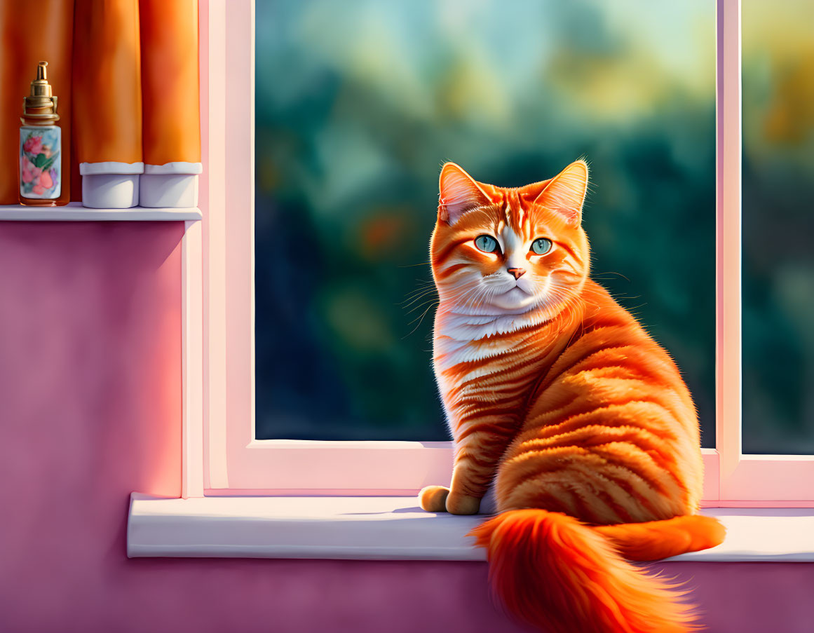 Ginger Tabby Cat with Blue Eyes on Pink Windowsill and Scenic View