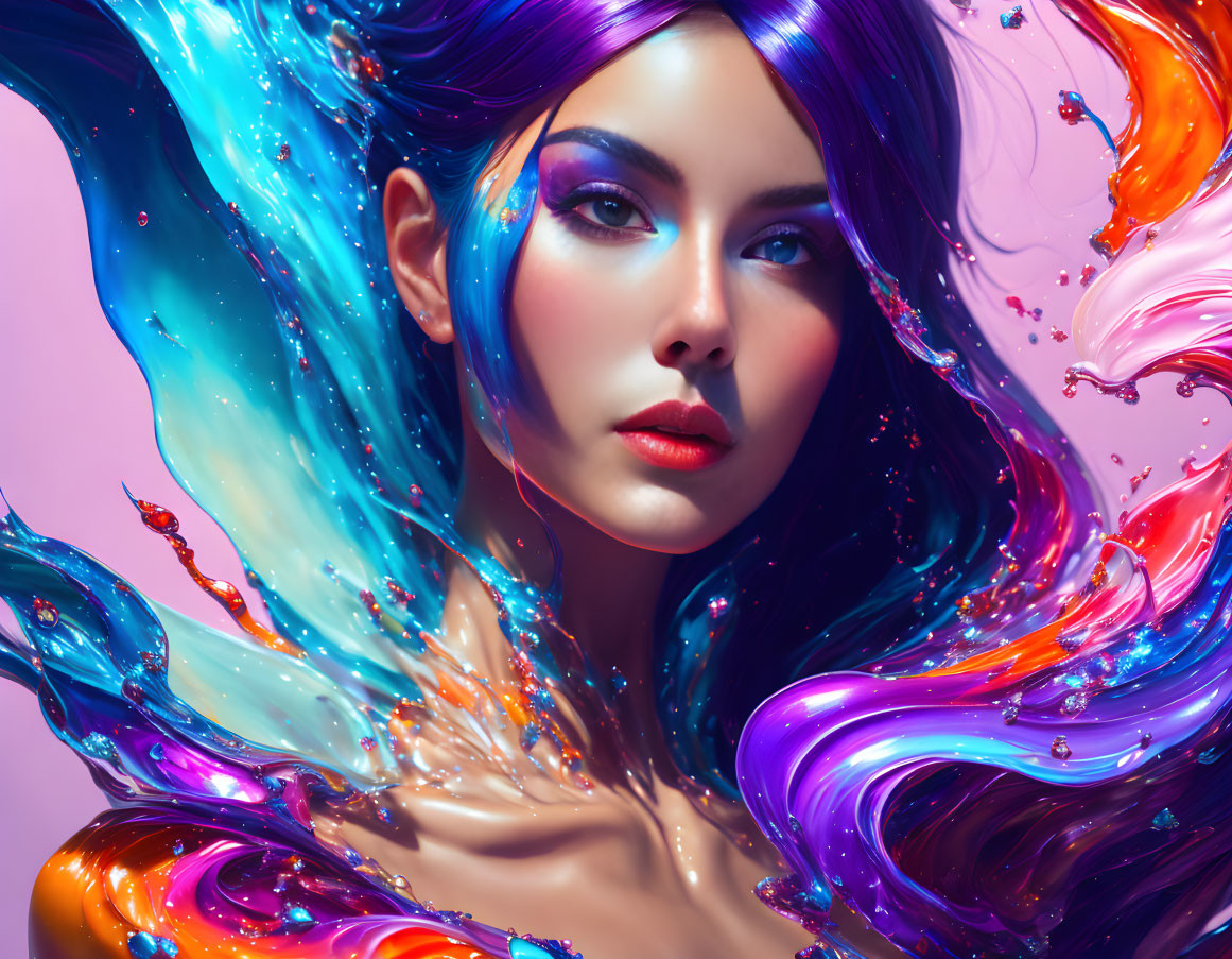 Colorful digital artwork: Woman with swirling rainbow hair on pink background