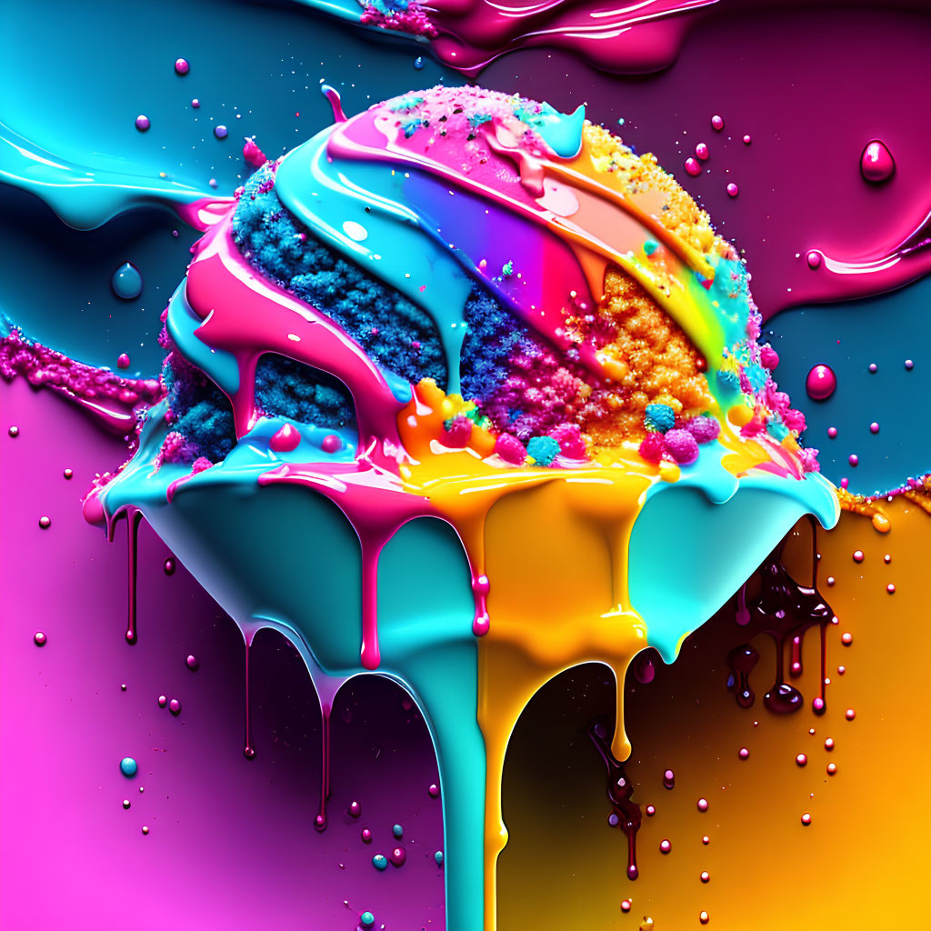 Colorful Close-Up of Melting Dessert with Dripping Pink, Blue, Yellow, and