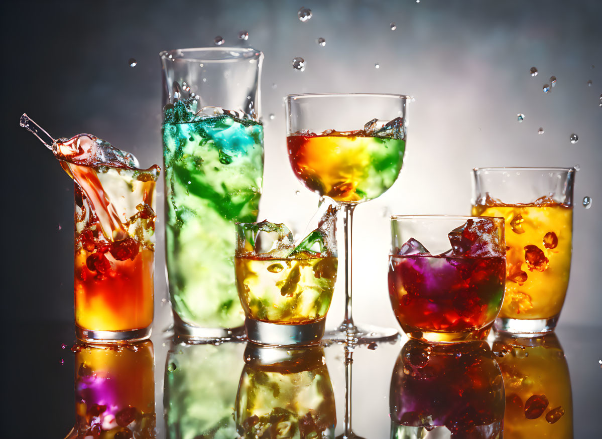 Vibrant liquids splashing from glasses on gradient background