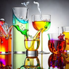 Vibrant liquids splashing from glasses on gradient background