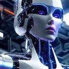 Silver-faced humanoid robot with blue eyes and mechanical details in futuristic setting