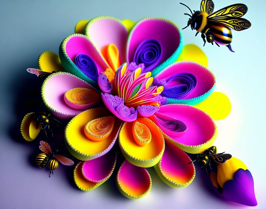 Colorful paper quilling flower with bees illustration