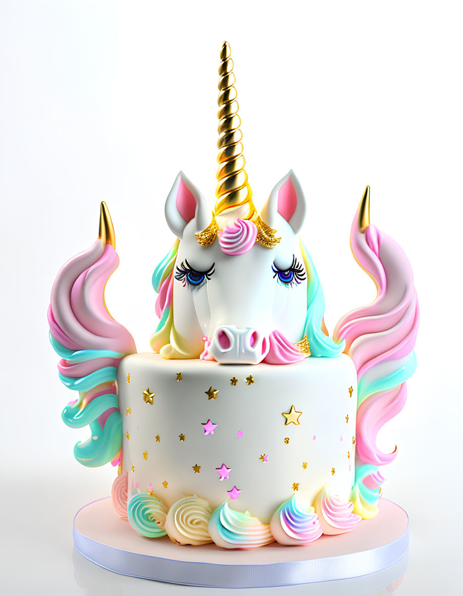 Whimsical unicorn-themed cake with golden horn and pastel-colored mane