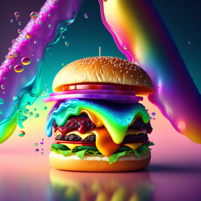 Colorful Liquid Ingredients Splashing Around Stylized Burger