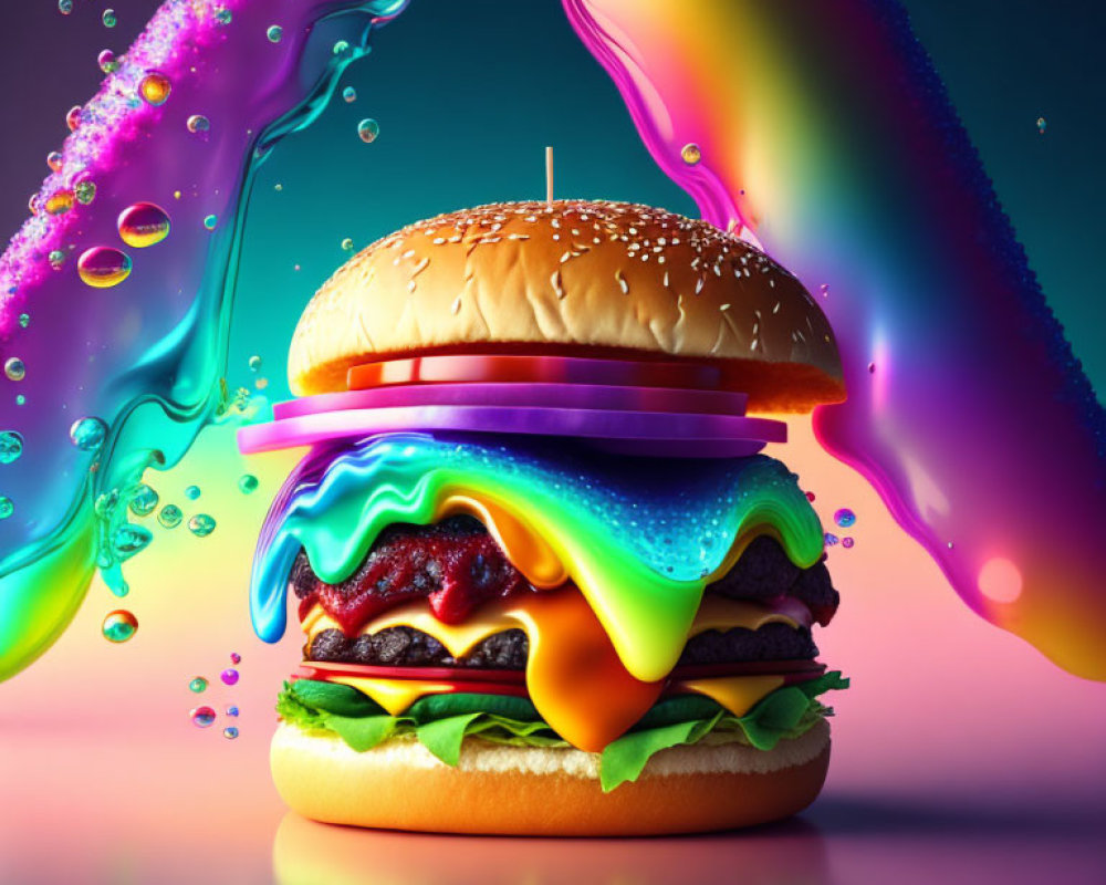 Colorful Liquid Ingredients Splashing Around Stylized Burger