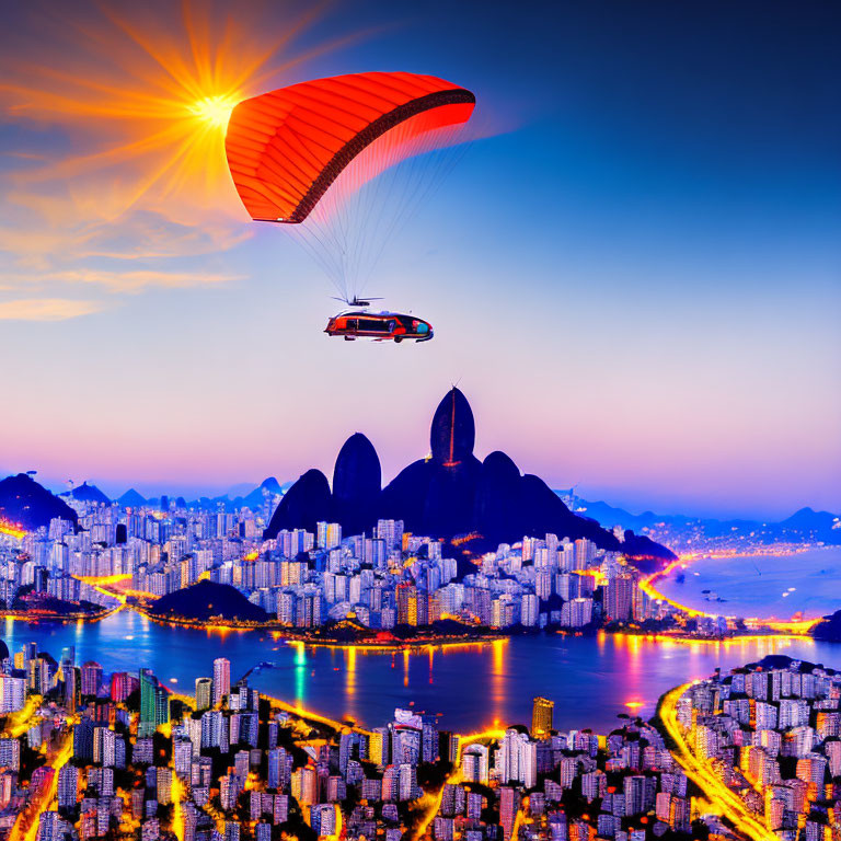 Paraglider flying over coastal city at sunset with orange sky