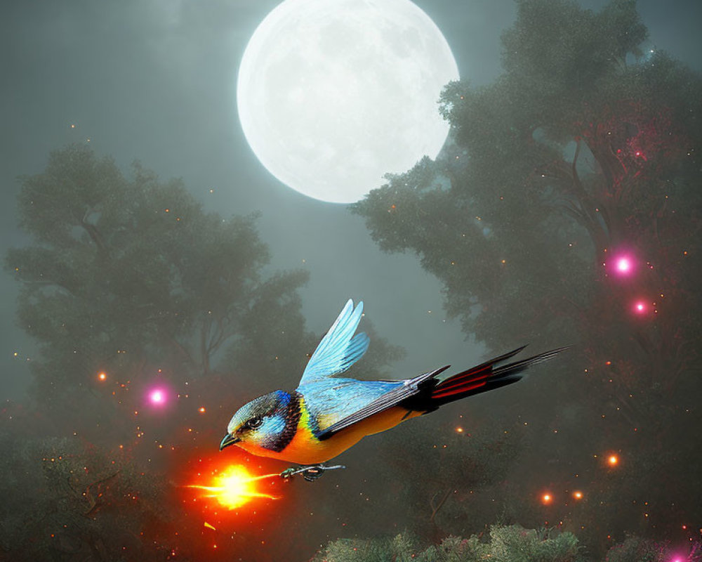 Colorful Bird Emitting Bright Light Flying in Enchanted Forest Under Full Moon