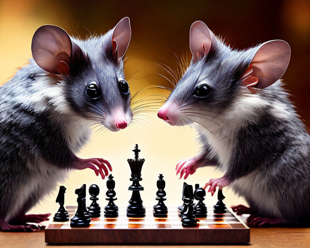 Animated mice playing chess with one mouse touching a black king