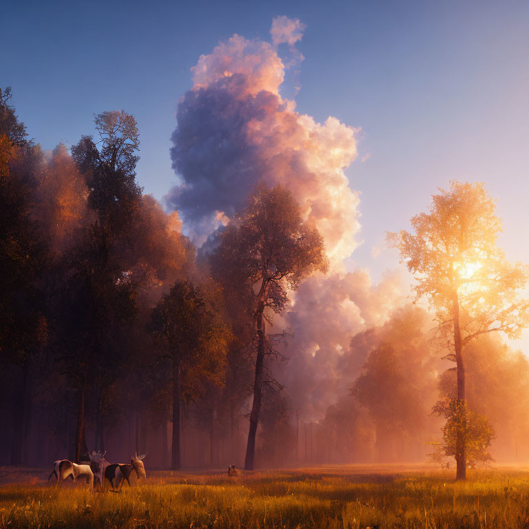 Forest Clearing Sunrise: Deer in Tranquil Woodland Setting