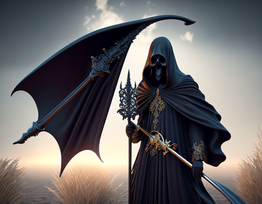 Cloaked figure with skull mask holding scythe in dramatic field setting