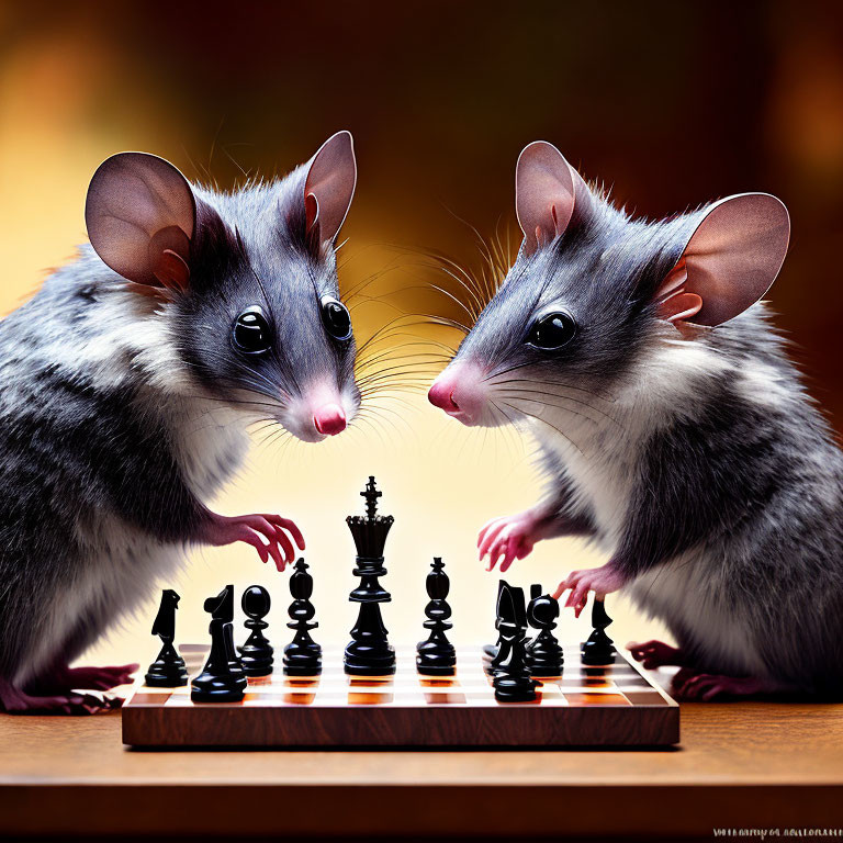 Animated mice playing chess with one mouse touching a black king