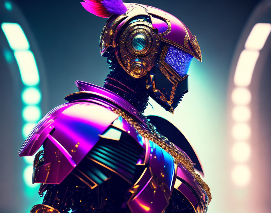 Futuristic knight in purple and golden armor with plumed helmet against illuminated circular arches