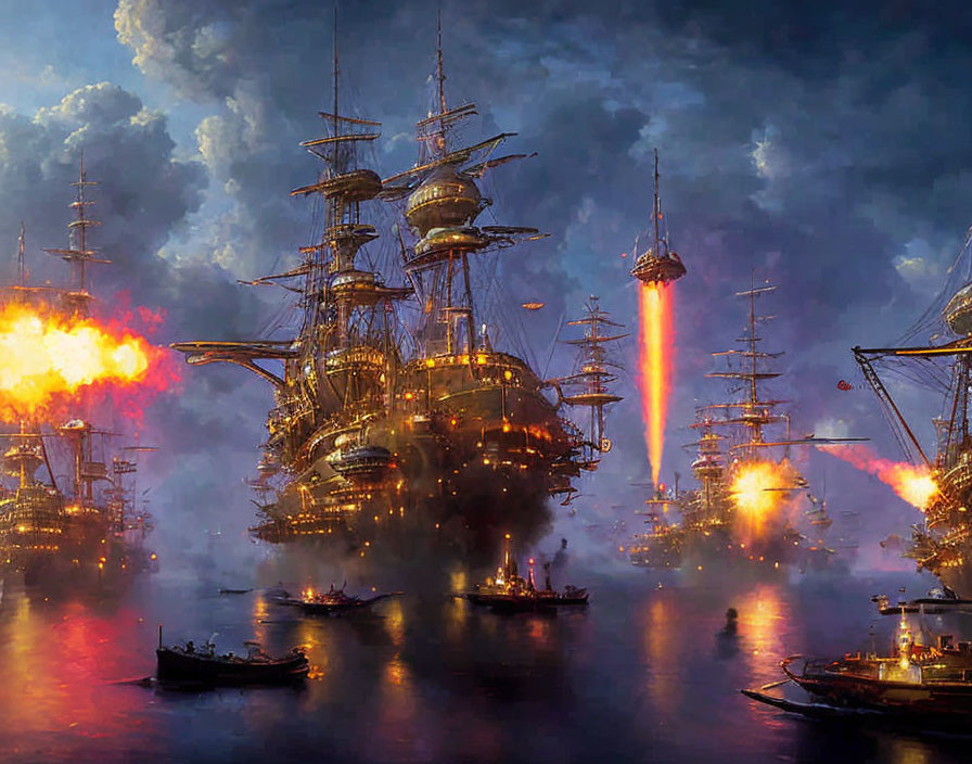 Fantastical ships in dramatic nocturnal sea battle