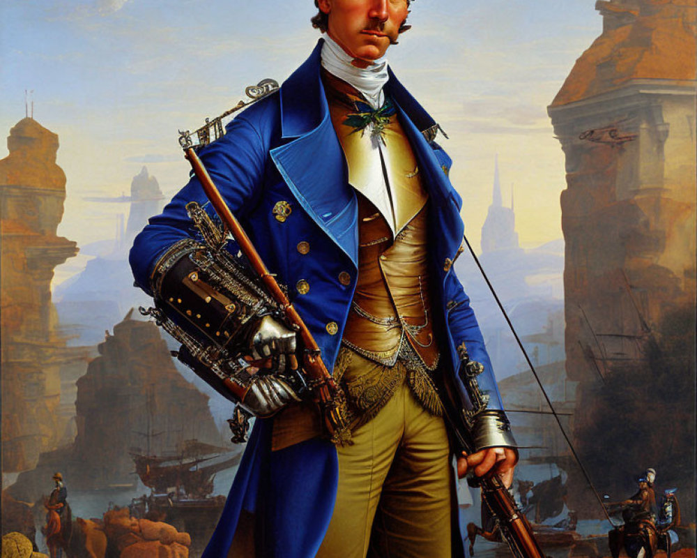 Historical military uniform portrait with sword and ships backdrop