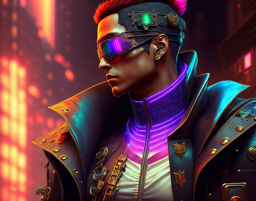 Cyberpunk character with neon accents and futuristic visor in vibrant cityscape