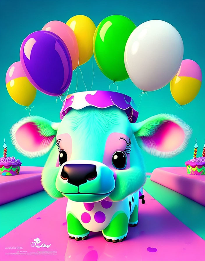 Vibrant Cartoon Cow with Balloons and Cupcakes on Turquoise Background