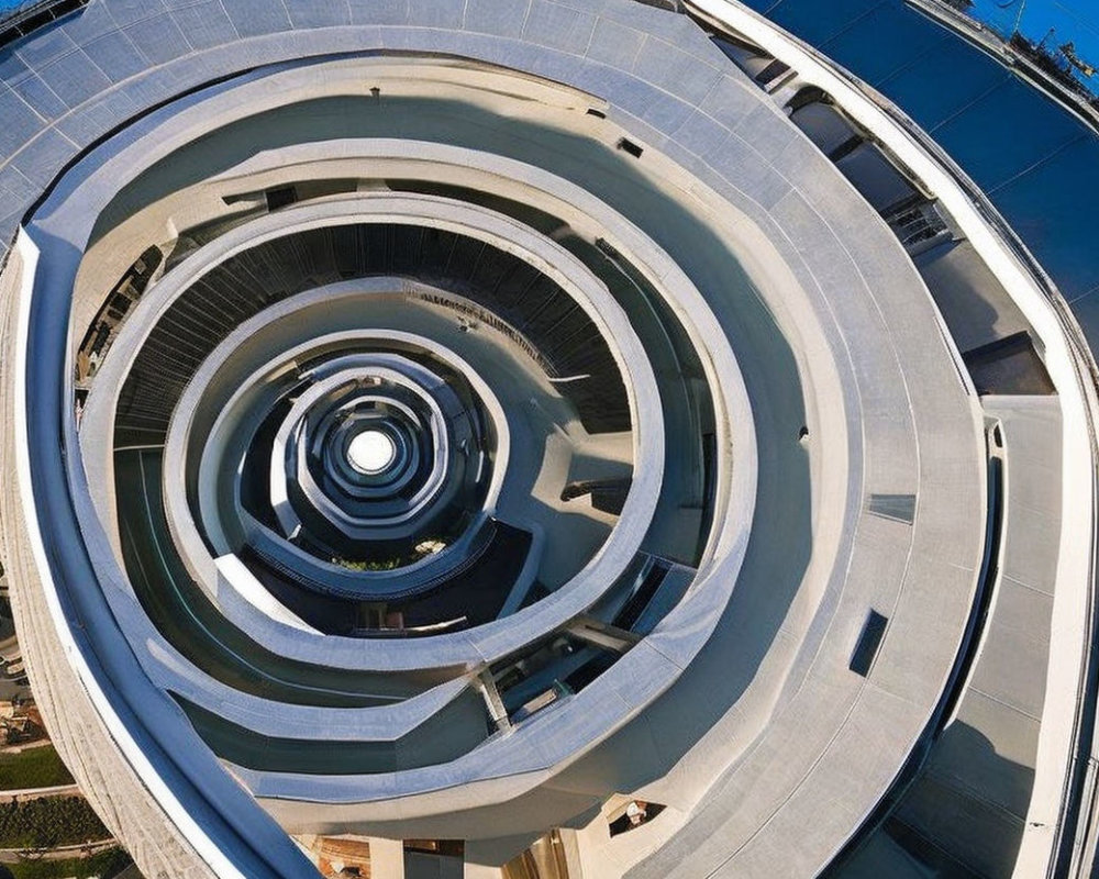 Circular multi-level parking garage with spiral pattern and urban surroundings.