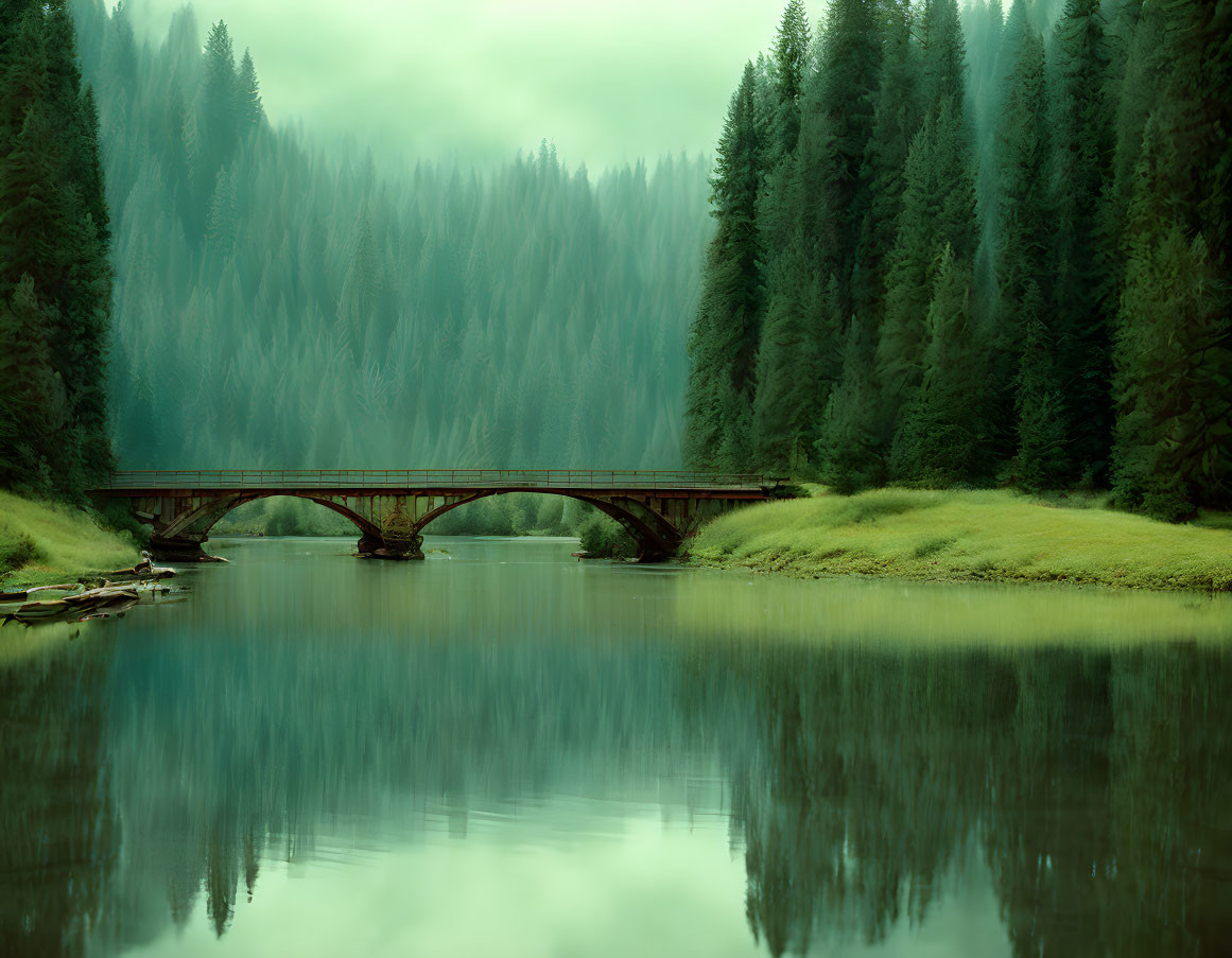 Stone bridge over still river in misty forest under soft sky