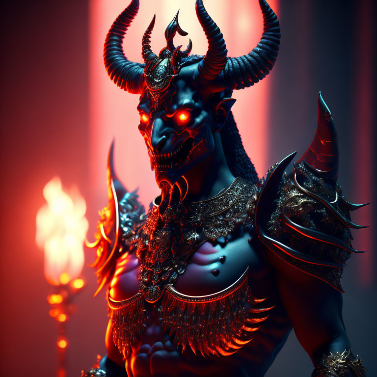 Horned demonic figure in armor with glowing eyes holding torch