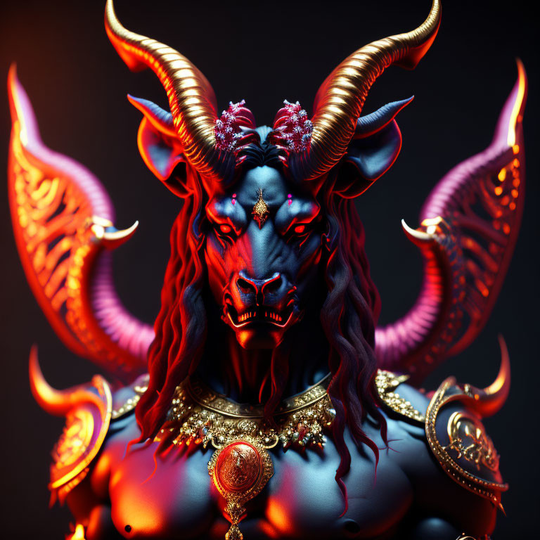 Fantasy Bull Creature with Red Glowing Eyes and Ornate Armor