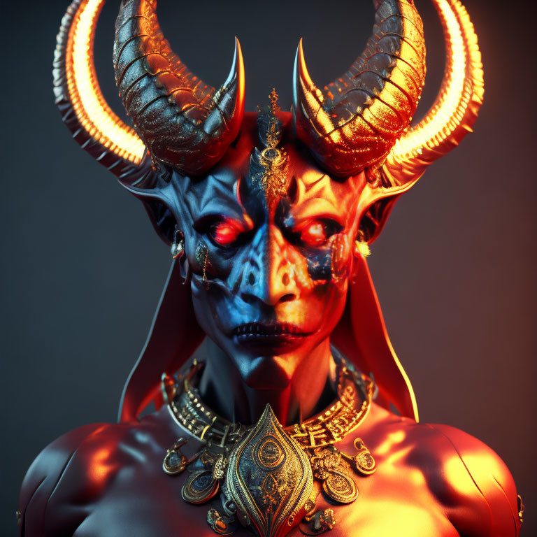 Detailed Illustration of Demonic Figure with Horns and Blue/Red Skin