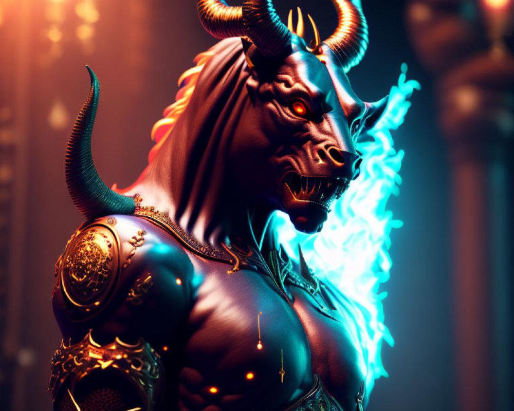 Mythical minotaur-like creature emitting blue flames with glowing eyes