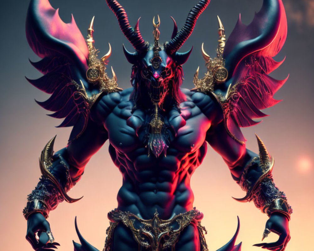 Muscular demonic entity with large horns in gold armor against moody backdrop