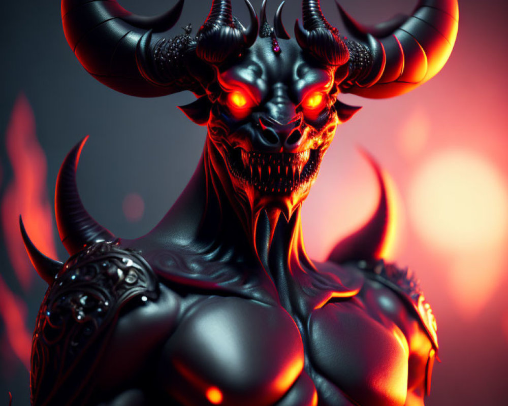 Sinister demon with red eyes, sharp horns, and fiery background