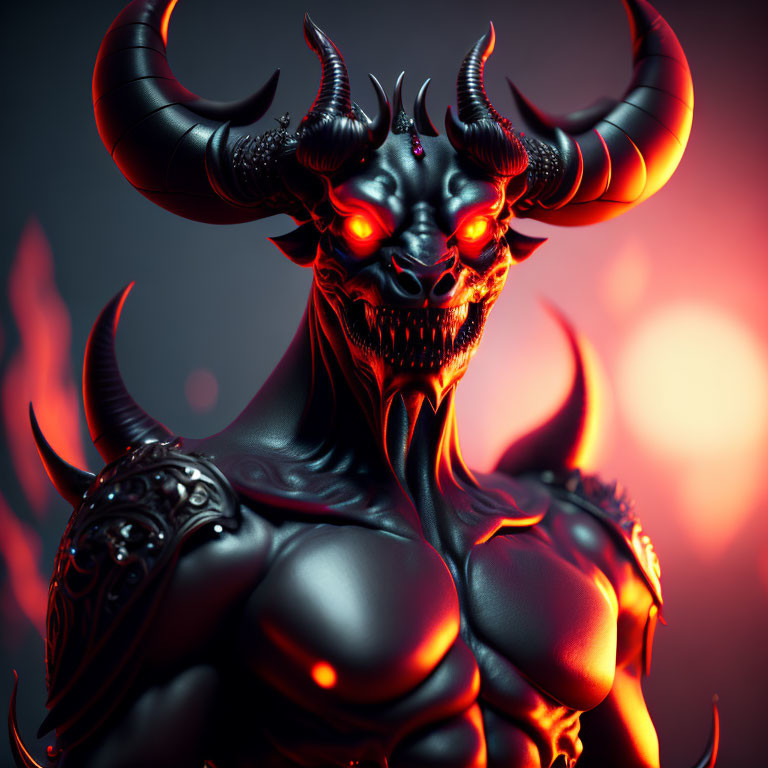 Sinister demon with red eyes, sharp horns, and fiery background