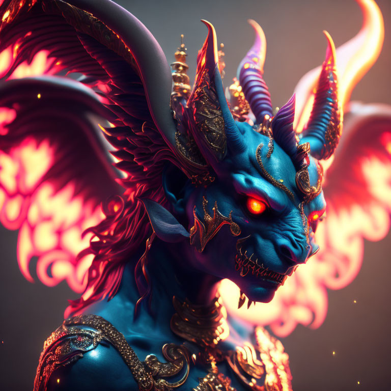 Mythical creature with blue skin, golden horns, red eyes, and fiery wings