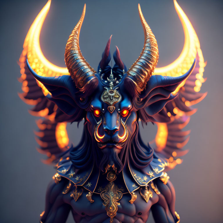 Digital Artwork: Demonic Character with Horns, Glowing Eyes, and Golden Armor