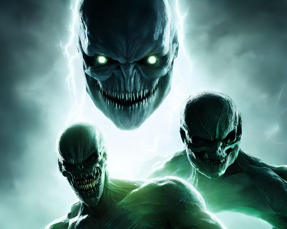 Three menacing skull-like creatures with glowing green eyes under a stormy sky.