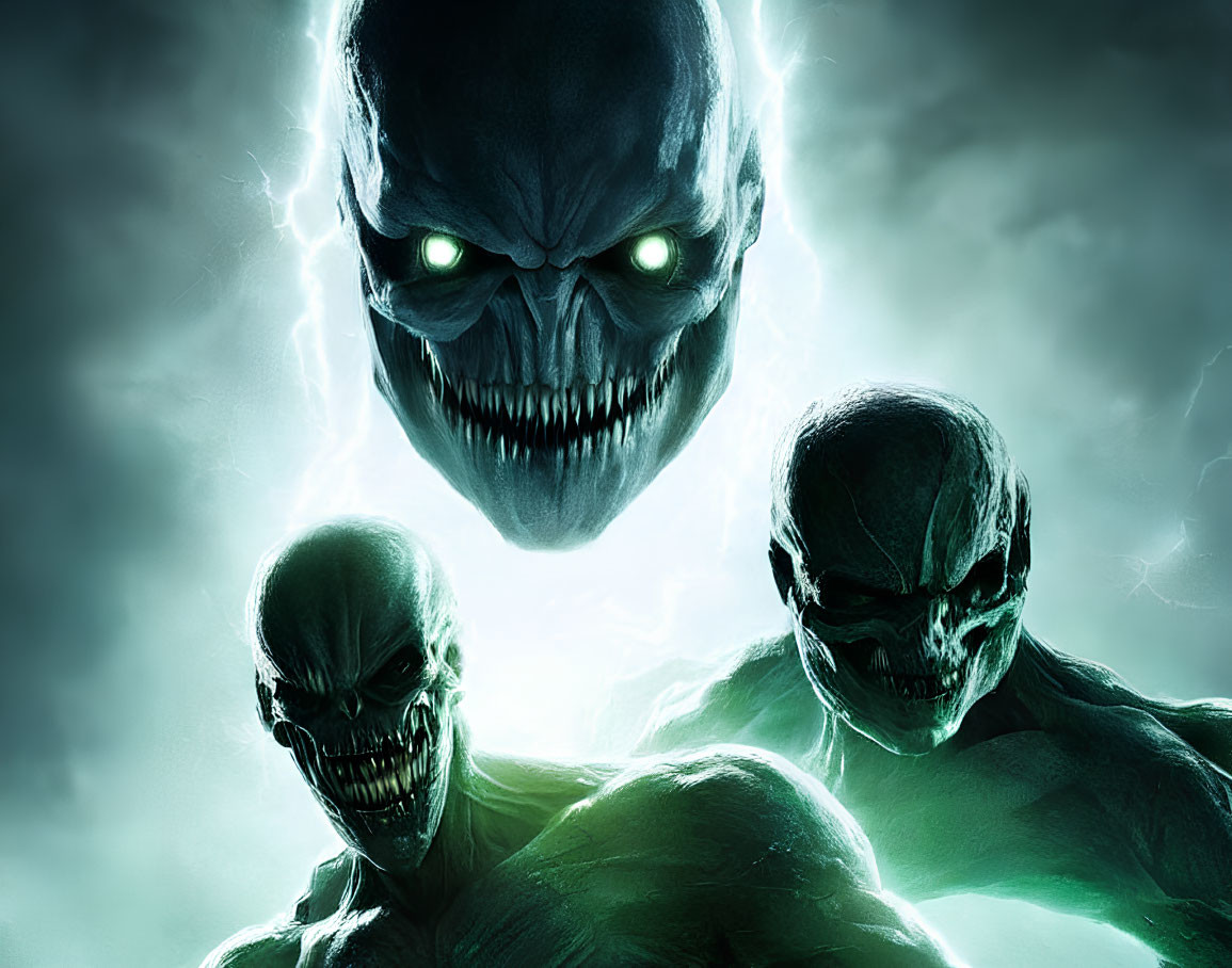 Three menacing skull-like creatures with glowing green eyes under a stormy sky.