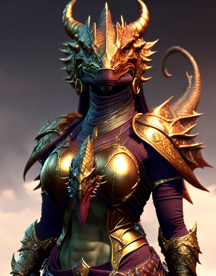 Dragon-headed armored humanoid in purple garment and metal breastplate under dusky sky