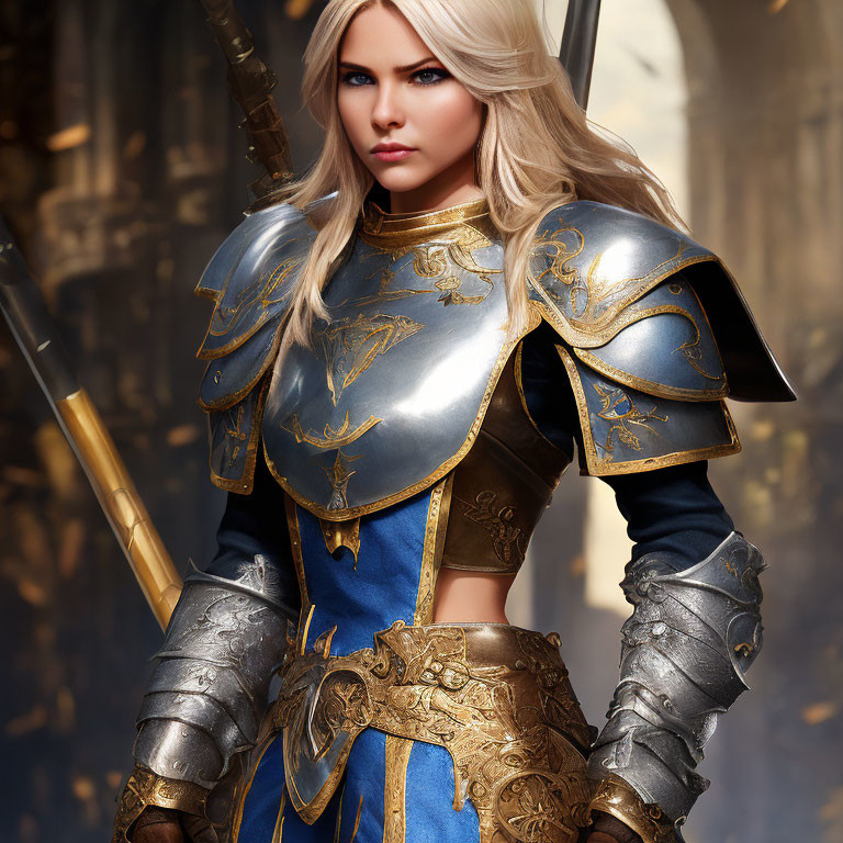 Blonde warrior in silver and gold armor with spear on blue tunic