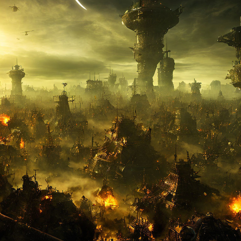 Dystopian landscape with towering ruins, fires, flying vehicles & dark clouds