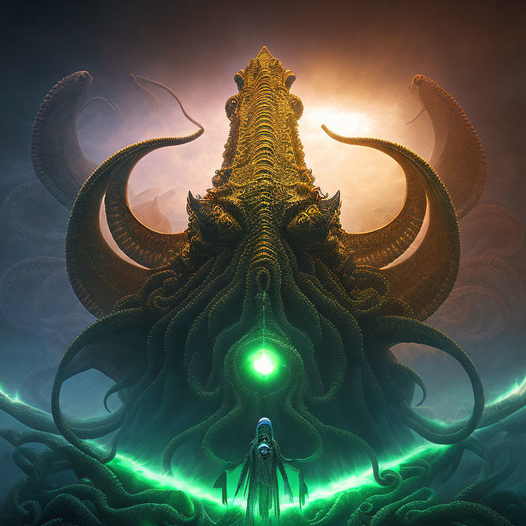 Mystical green glow surrounds tentacled creature and lone figure