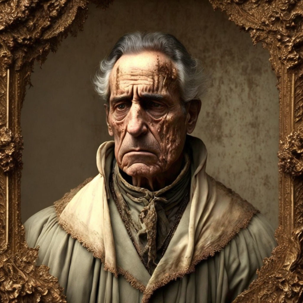 Portrait of elderly man with deep wrinkles and intense gaze in ornate gold frame