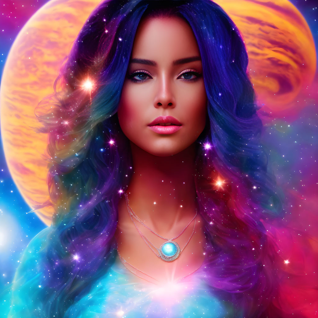 Vibrant blue and purple-haired woman in cosmic scene with celestial bodies.