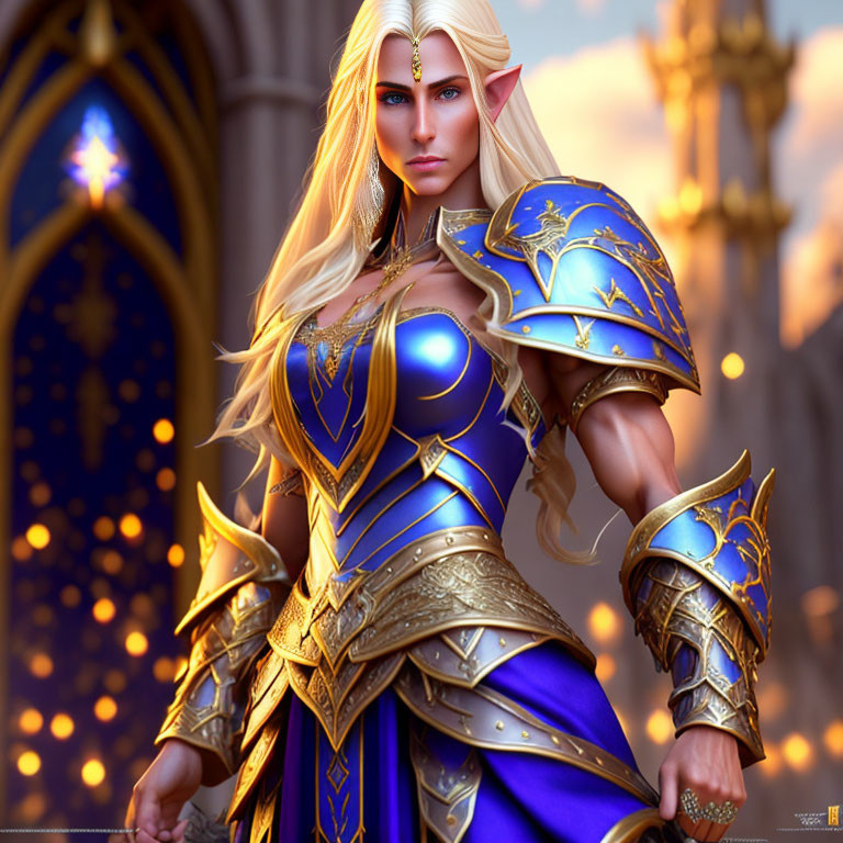 Fantasy female warrior in blue and gold armor with elfin features among gothic windows