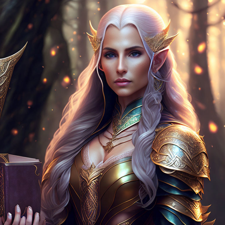 White-haired elven female in golden armor with book in forest