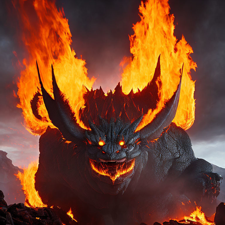 Majestic dragon with red eyes and fiery wings in volcanic setting