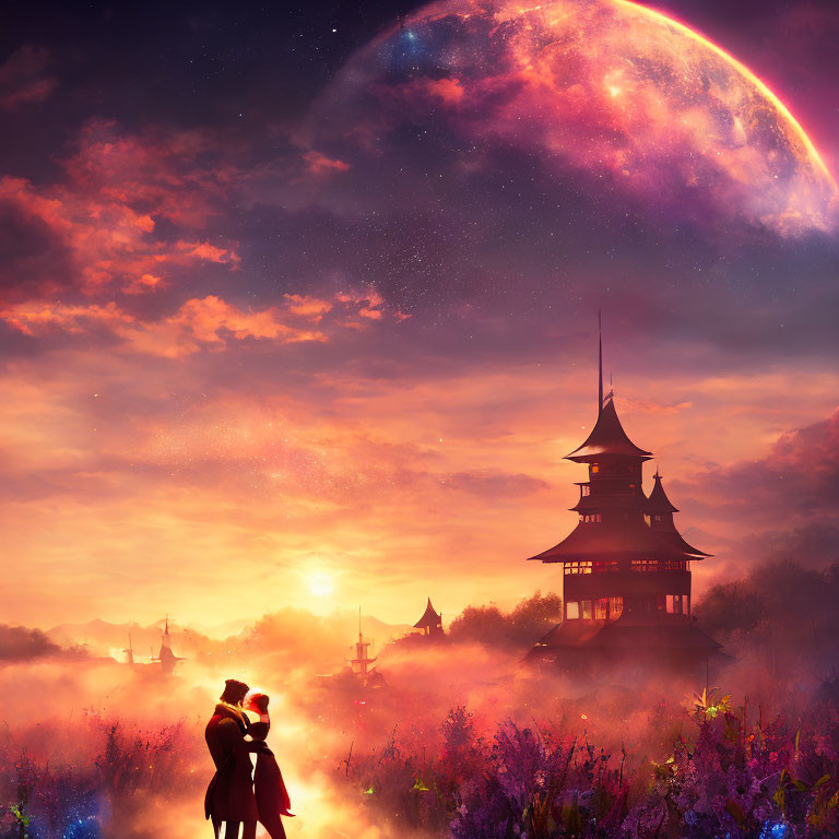 Silhouetted figures embrace in colorful meadow under twilight sky