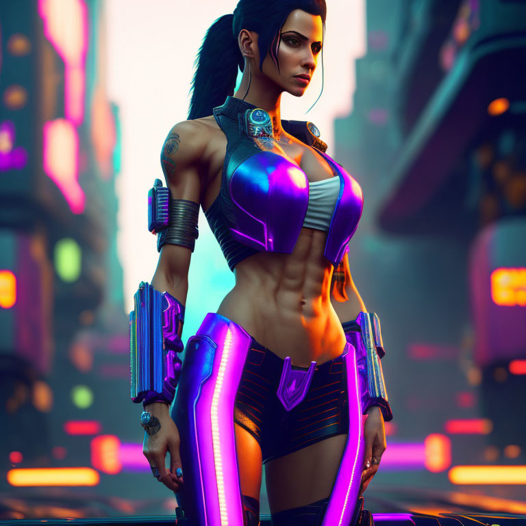 Futuristic female cyborg in purple and black outfit with robotic arms in neon-lit urban setting
