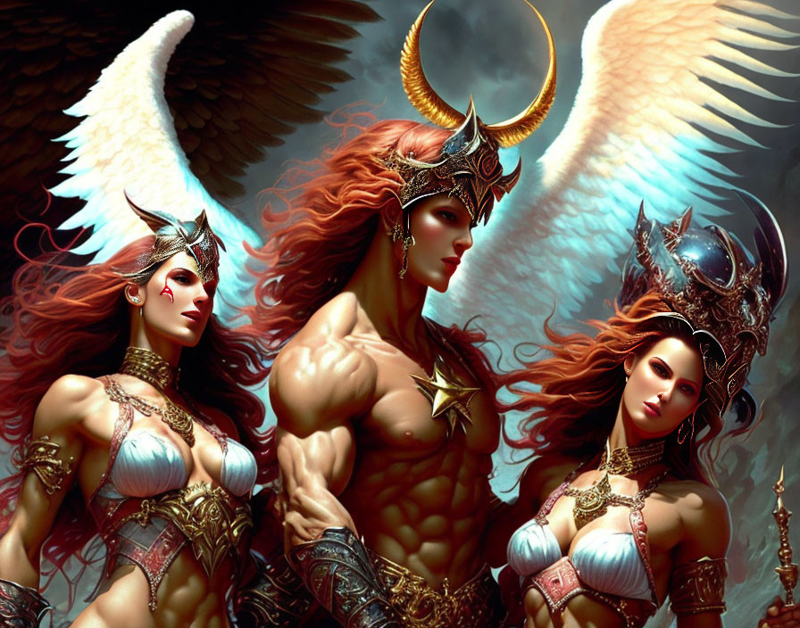 Fantasy warrior women with angel wings in elaborate armor pose dramatically