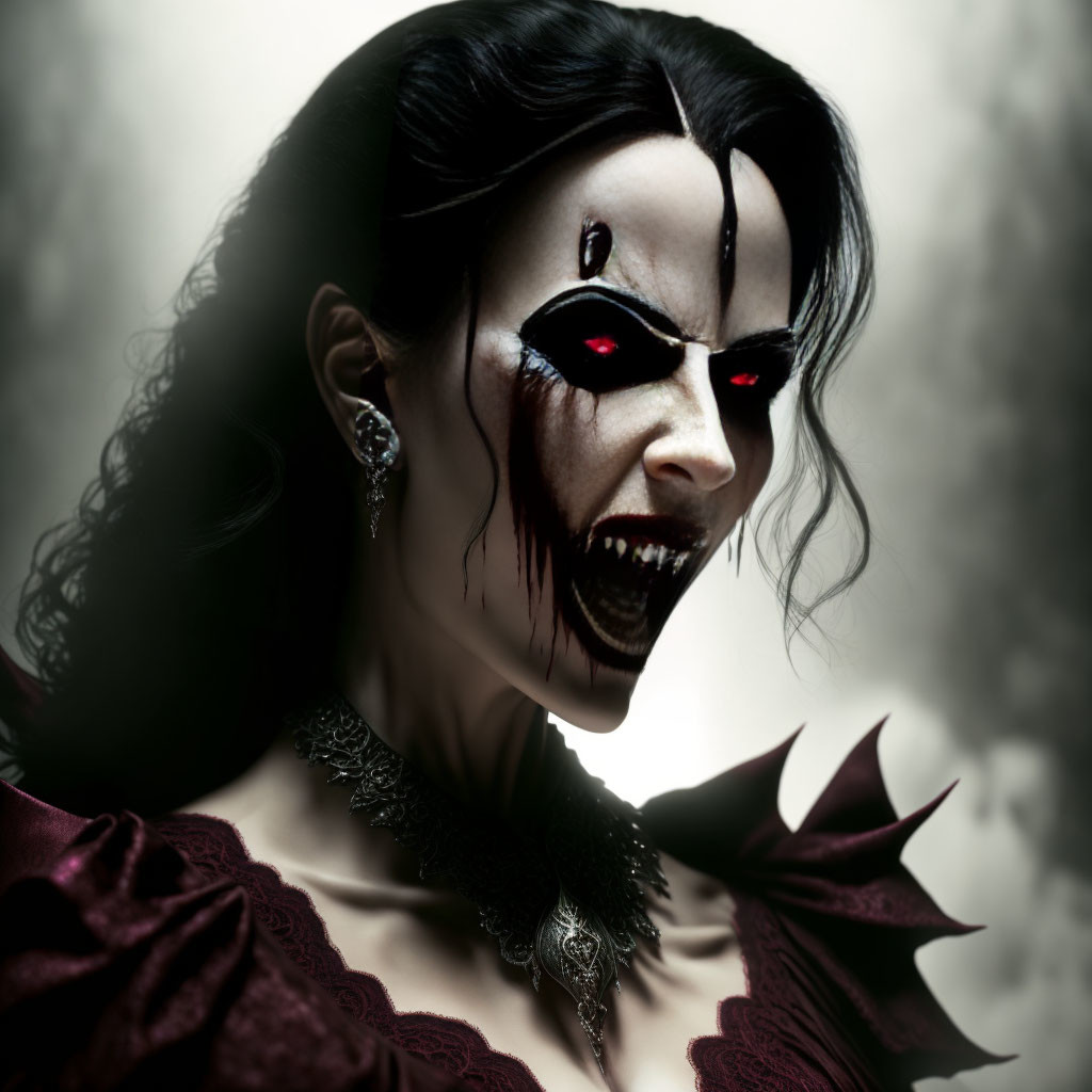 Dark vampire woman with red eyes, fangs, and elegant attire in menacing pose