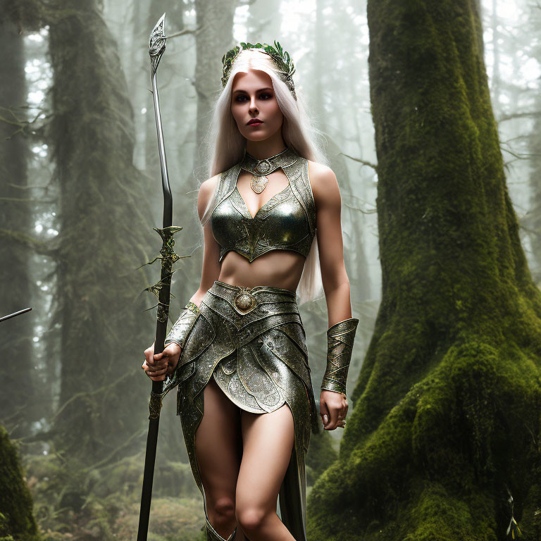 Elfin warrior woman in metallic attire holding a spear in misty forest